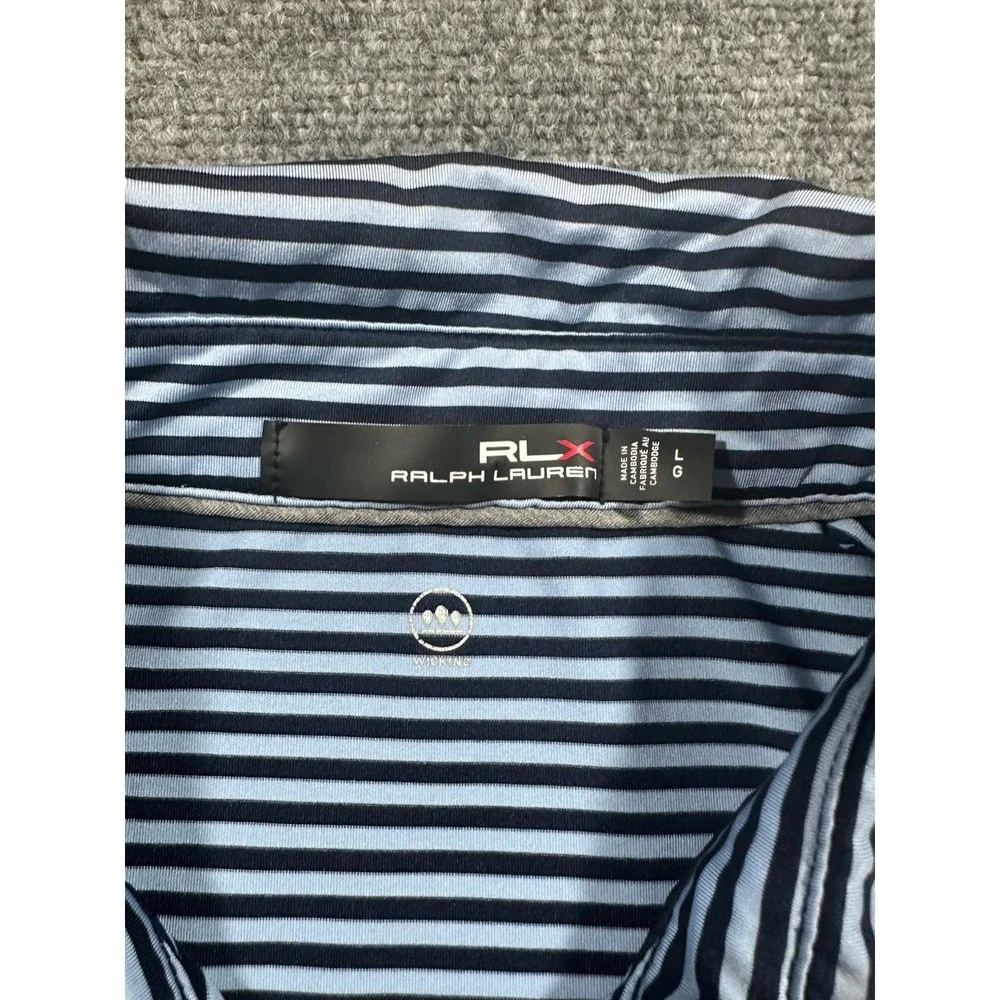 RLX Ralph Lauren Men's Large Blue Striped Wicking Golf Polo Bird Embroidery